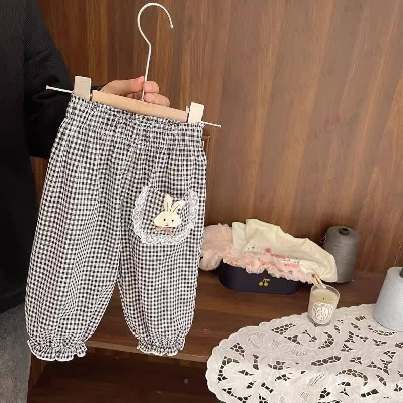 Toddler Girls Bunny Embroidery Gingham Ruffle Cuff Casual Pants - Black - 6-7T - image 3
