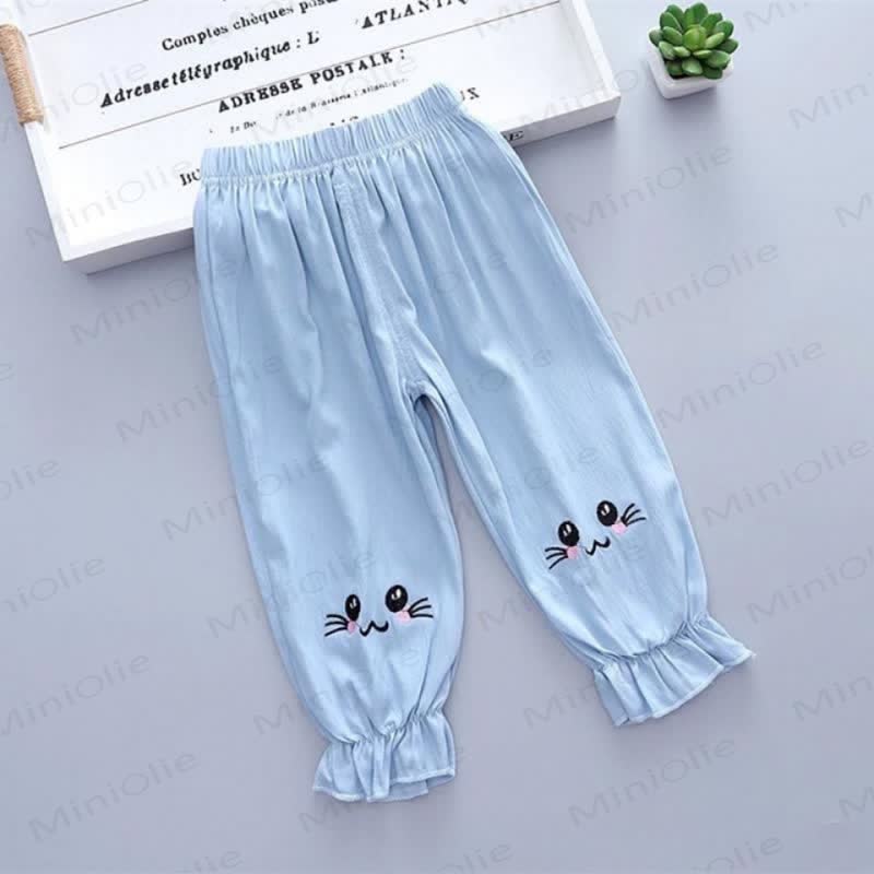 Toddler Girls Bunny Embroidery Gingham Ruffle Cuff Casual Pants - Blue - 6-7T - image 4