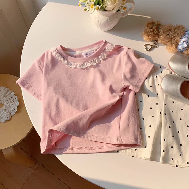 Toddler Kid Girl Solid Color Lace Collar Summer T-Shirt - Pink - 10-11T - image 3