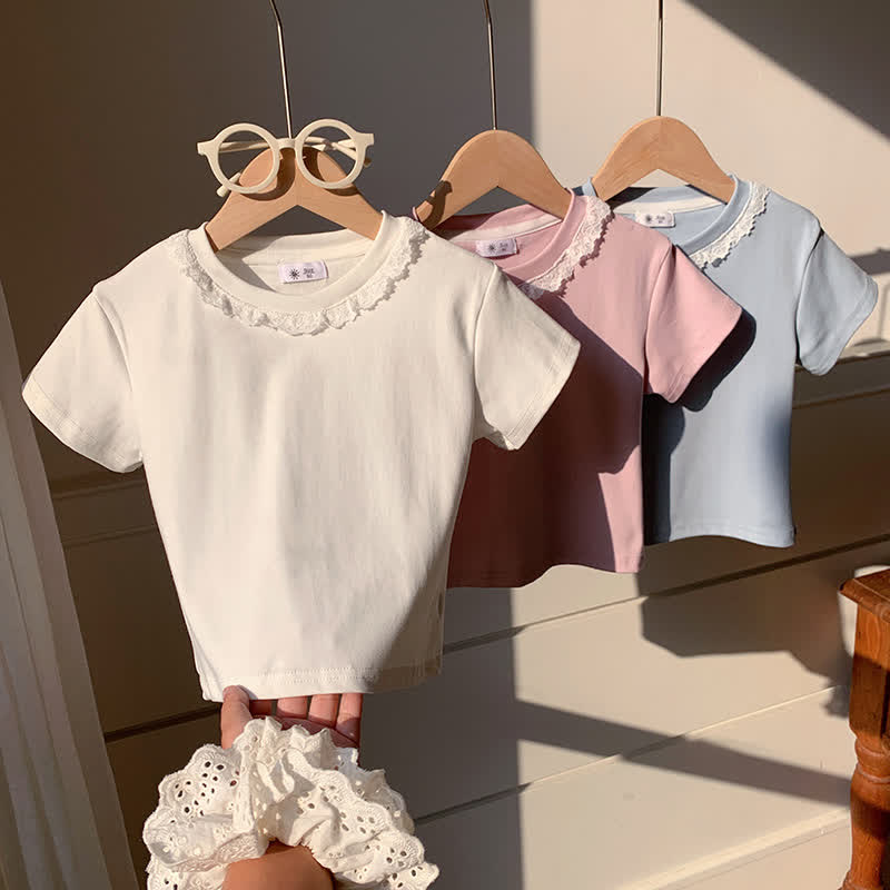 Toddler Kid Girl Solid Color Lace Collar Summer T-Shirt - image 6