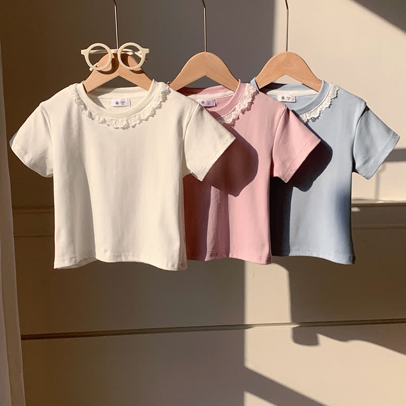 Toddler Kid Girl Solid Color Lace Collar Summer T-Shirt - image 5