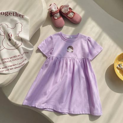 Toddler Girl Solid Color Cartoon Print Dress - Purple - 8-9T - image 6