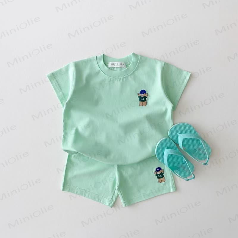 Baby Toddler Cotton Bear Embroidered Tee and Shorts 2-piece Set - Green - 4-5T - image 4