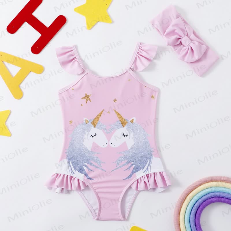 Toddler Girls Ruffle Swim Bodysuit - Pink Star Unicorn - 4-5T - image 4