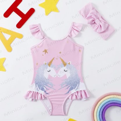 Toddler Girls Ruffle Swim Bodysuit - Pink Star Unicorn - 4-5T - image 4