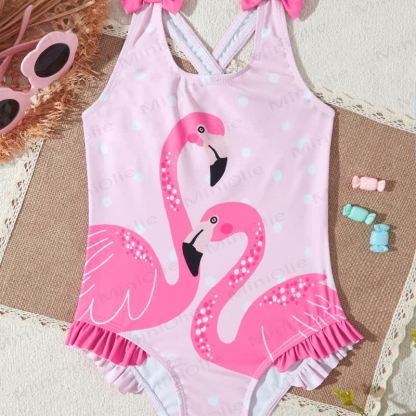 Toddler Girls Ruffle Swim Bodysuit - Pink Bow Flamingo - 4-5T - image 9