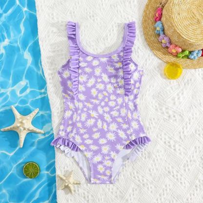 Toddler Girls Ruffle Swim Bodysuit - Purple Daisy - 4-5T - image 17
