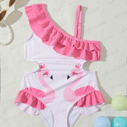 Toddler Girls Ruffle Swim Bodysuit - Pink Asymmetrical Flamingo - 4-5T - image 18