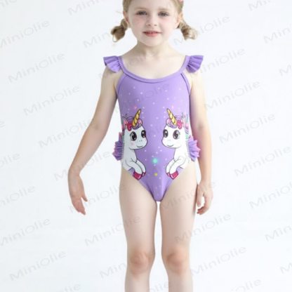 Toddler Girls Ruffle Swim Bodysuit - Purple Cute Unicorn - 4-5T - image 23