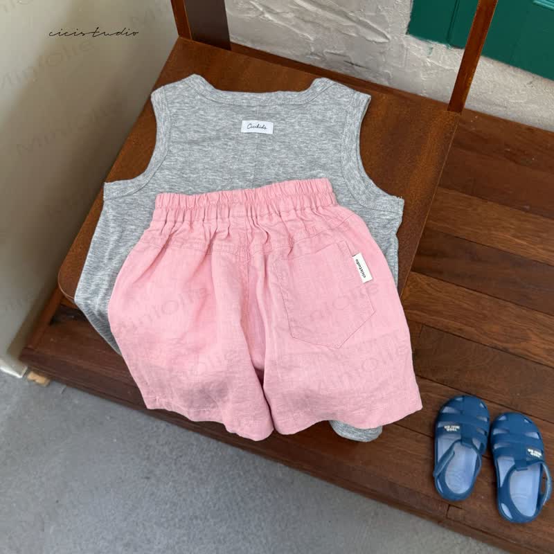 Toddler Kid Solid Color Linen Elastic Waist Shorts or Outwear Top - Pink Shorts - 10-11T - image 3