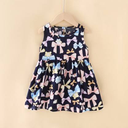Toddler Girl Floral/Animal Print Summer Dress - Navy Bow - 10-11T - image 2