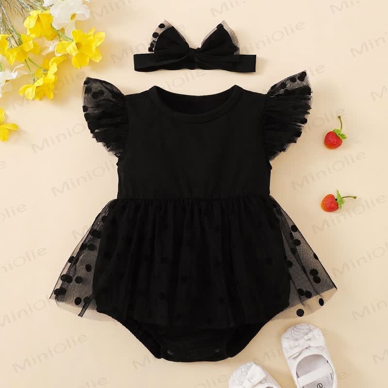 Baby Black Dot Tulle Bodysuit with Headband - Black - 9-12M - image 1