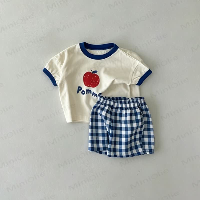 Baby Toddler Apple Print Tee and Plaid Shorts 2 Piece Set - Blue - 4-5T - image 3