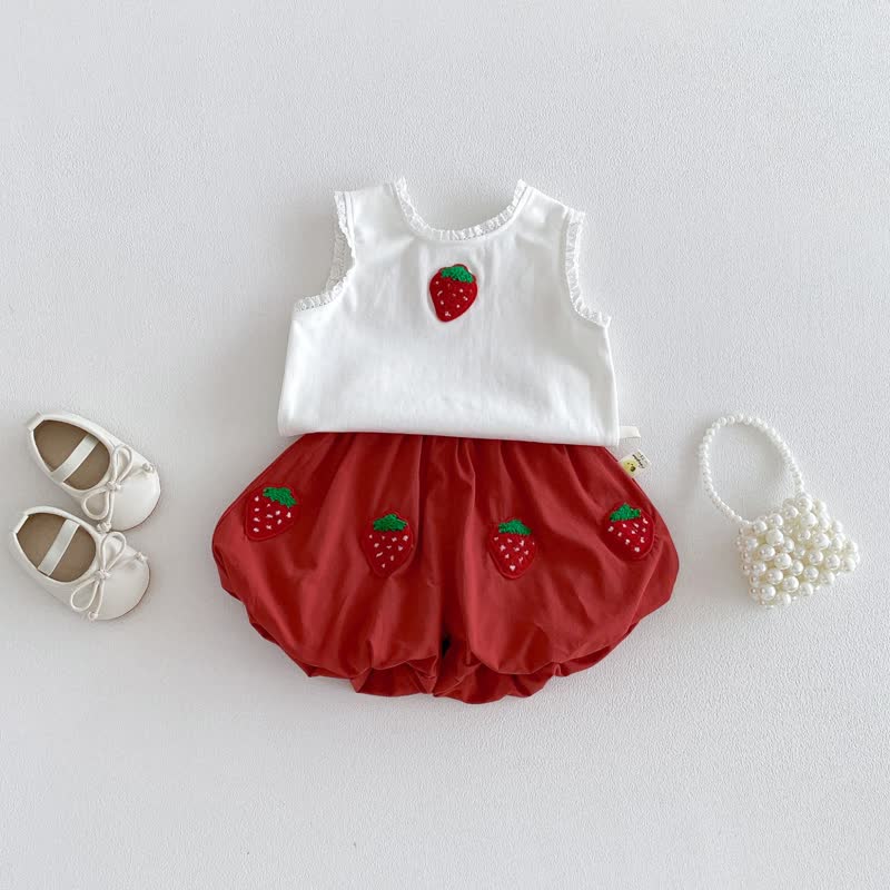 Baby Girl White&Red Strawberry Top and Shorts 2-piece Sleeveless Set - White&Red - 3-4T - image 1