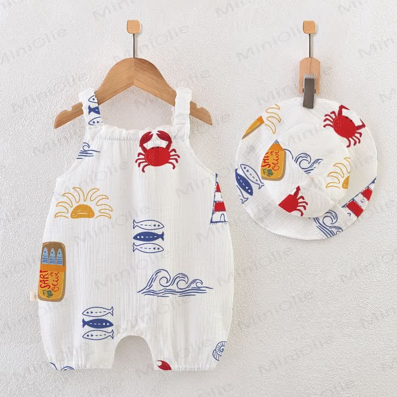 Baby Crab Print White Romper with Hat - White - 18-24M - image 1