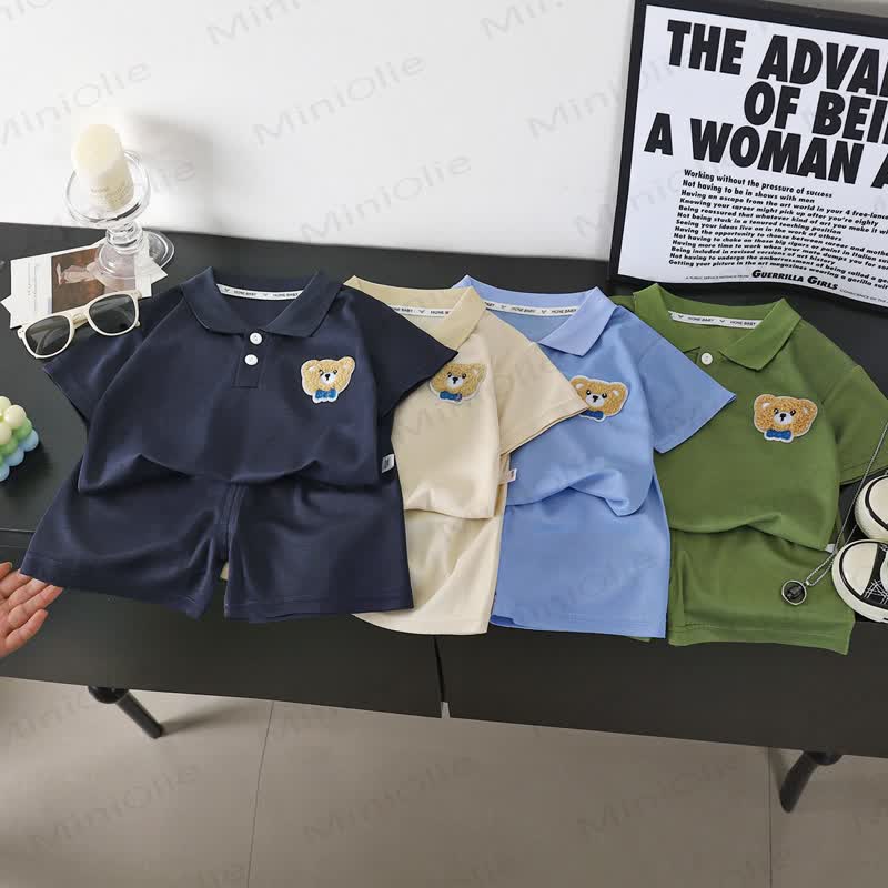Baby Toddler Bear Embroidered Polo Shirt and Shorts 2-piece Set - image 1