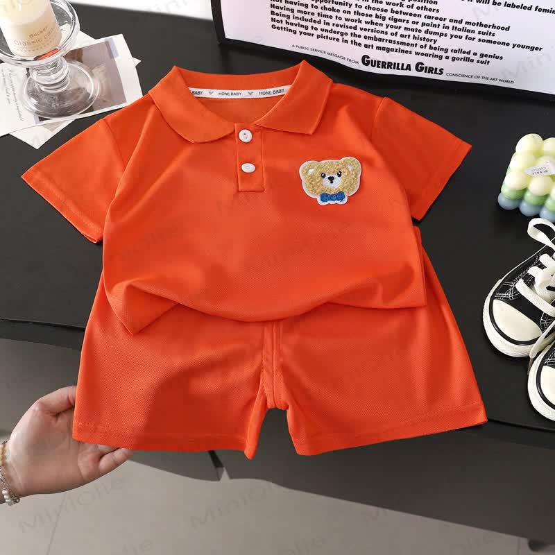 Baby Toddler Bear Embroidered Polo Shirt and Shorts 2-piece Set - Orange - 6-7T - image 3
