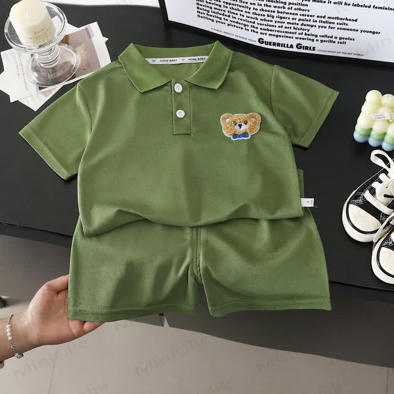 Baby Toddler Bear Embroidered Polo Shirt and Shorts 2-piece Set - Green - 6-7T - image 6
