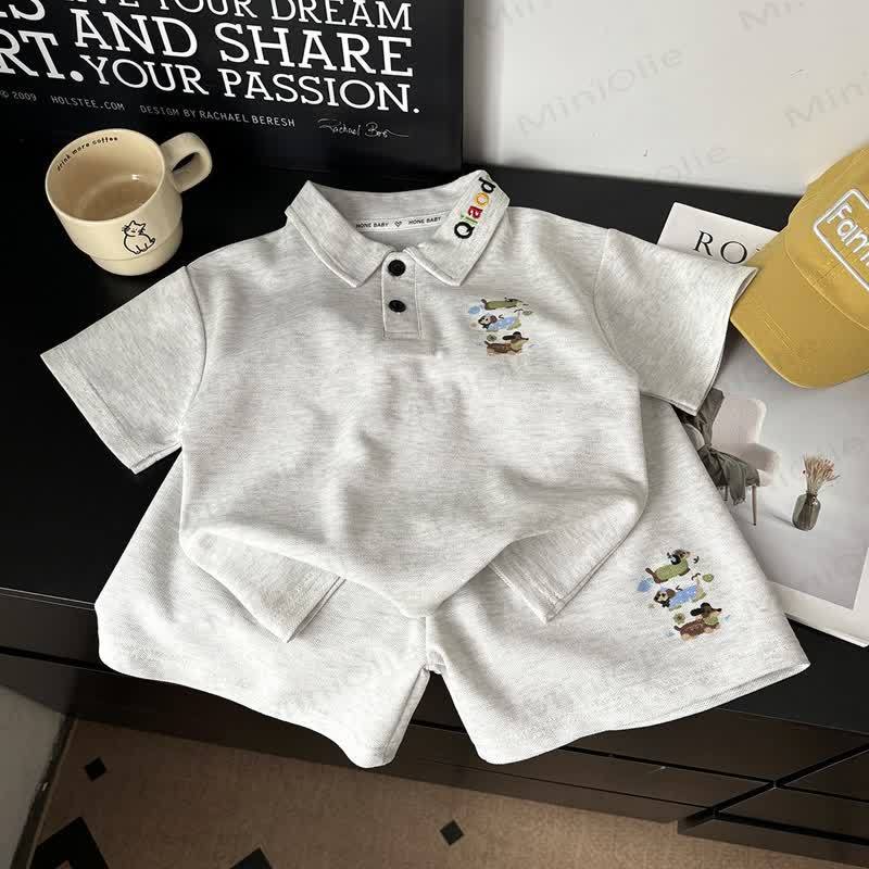 Toddler Kid Casual Cartoon Print Polo Shirt and Shorts 2-piece Set - Grey - 13-14T - image 3