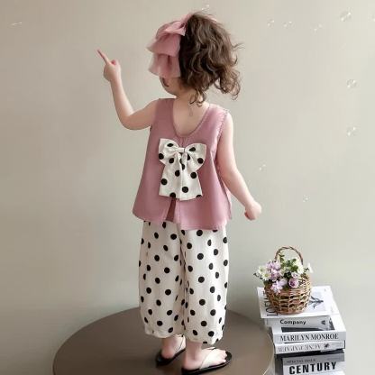 Toddler Girl Bow and Polka Dot Top and Pants 2-piece Set - image 1