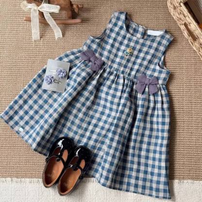 Toddler Girl Blue Plaid Bow Sleeveless Dress - Blue - 7-8T - image 1