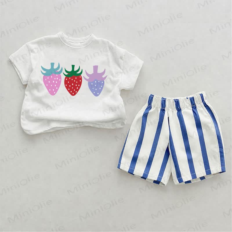 Baby Girls Strawberry Print Blue Vertical Striped 2-piece Shorts Set - White&Blue - 2-3T - image 1