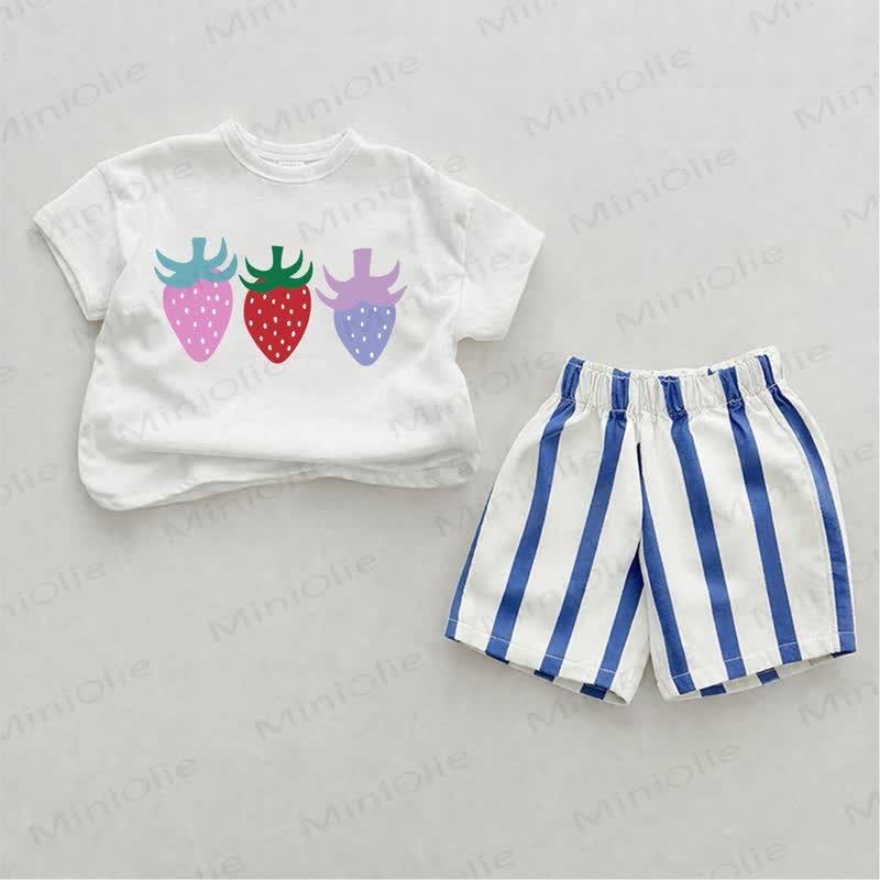 Baby Girls Strawberry Print Blue Vertical Striped 2-piece Shorts Set - White&Blue - 2-3T - image 1