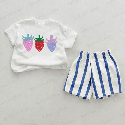 Baby Girls Strawberry Print Blue Vertical Striped 2-piece Shorts Set - White&Blue - 2-3T - image 1
