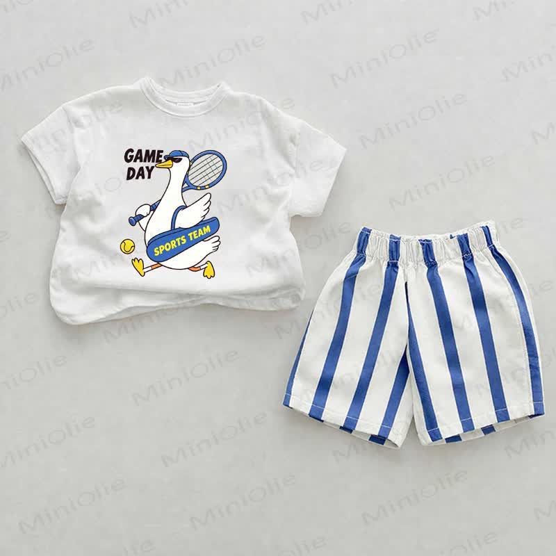 GAME DAY SPORT TEAM Baby Goose Print Blue Vertical Striped 2-piece Shorts Set - White&Blue - 2-3T - image 1