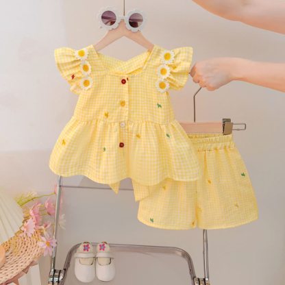 Toddler Baby Girl Yellow Flower Plaid Summer 2-piece Sleeveless Set - image 2