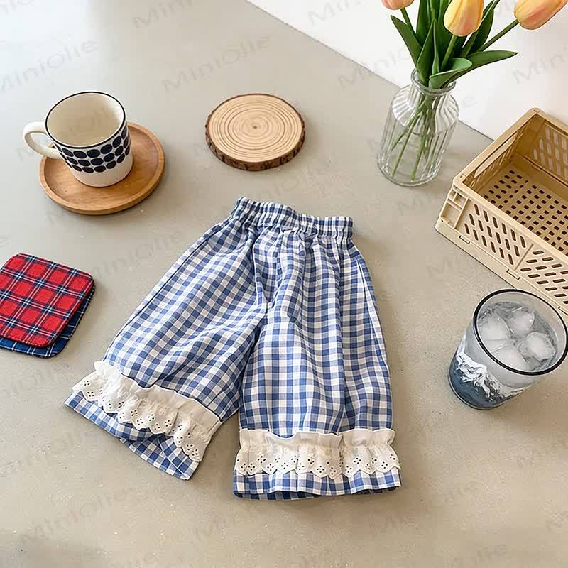 Toddler Girls Gingham Lace Hem Lounge Pants - Blue Plaid - 8-9T - image 4