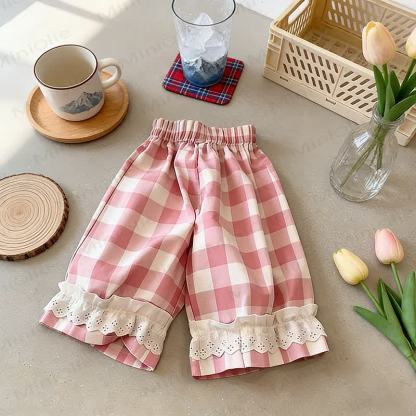 Toddler Girls Gingham Lace Hem Lounge Pants - Pink Plaid - 8-9T - image 6