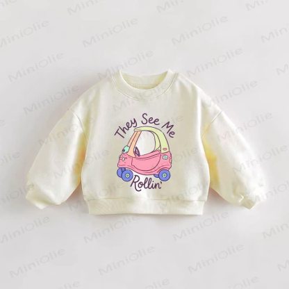 THEY SEE ME ROLLIN' Baby Toddler Car Print Sweatshirt - Cream - 3-5T - image 1