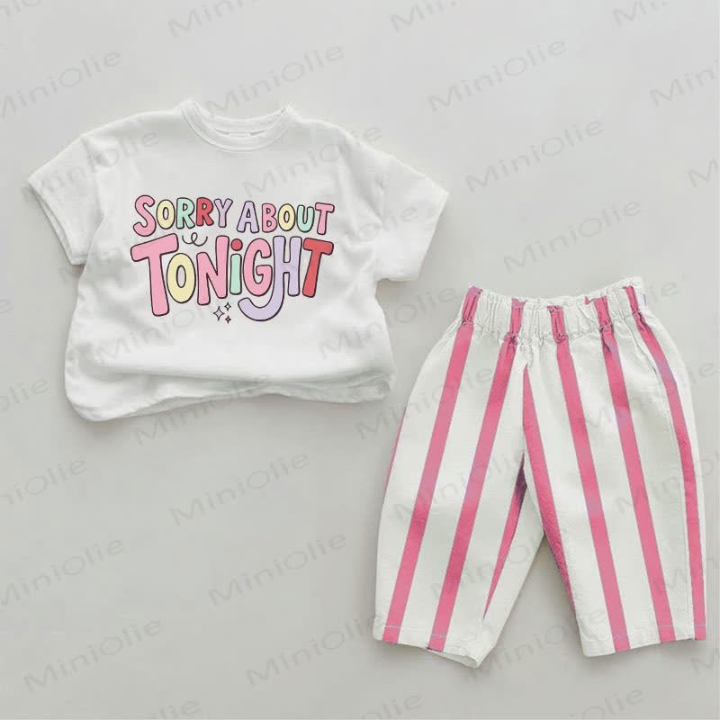 SORRY ABOUT TONIGHT Baby Girls Slogan Pink Vertical Striped 2-piece Set - White&Pink - 2-3T - image 1