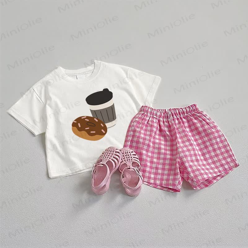 Baby Donut White&Pink Tee and Plaid Shorts 2-Piece Set - White&Pink - 3-5T - image 1