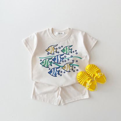 Baby Fish Print White Tee and Shorts 2-piece Set - White - 18-24M - image 1