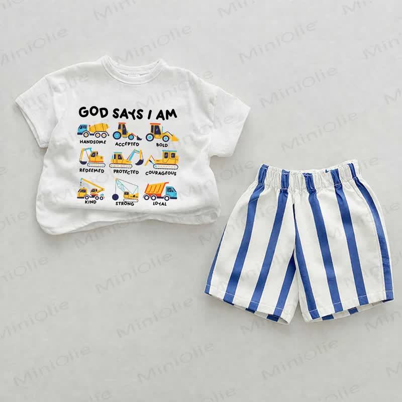 GOD SAYS I AM Baby Excavator Print Blue Vertical Striped 2-piece Shorts Set - White&Blue - 2-3T - image 1