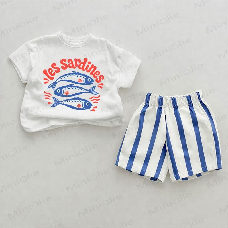 LES SARDINES Baby Sardines Blue Vertical Striped 2-piece Shorts Set - White&Blue - 2-3T - image 1