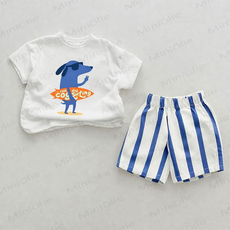 COOL DOG COOL SURFING Baby Dog Blue Vertical Striped 2-piece Shorts Set - White&Blue - 2-3T - image 1