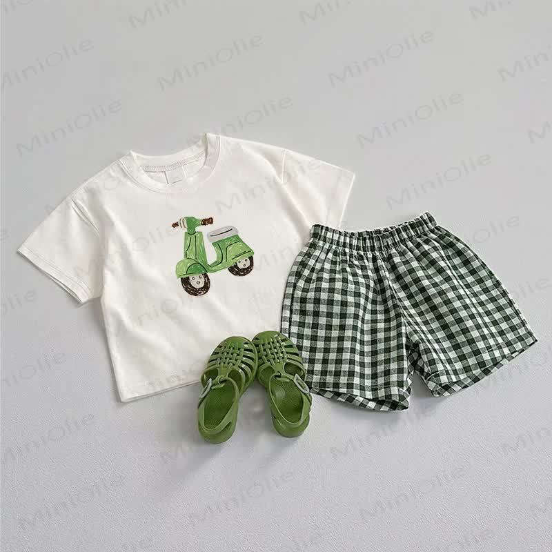 Baby Electric Vehicle Tee and Plaid Shorts 2-Piece Set - White&Green - 3-5T - image 1