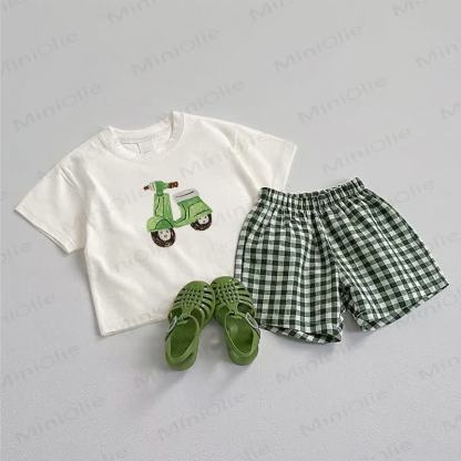 Baby Electric Vehicle Tee and Plaid Shorts 2-Piece Set - White&Green - 3-5T - image 1