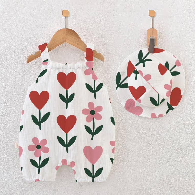 Baby Flower Heart Print White Romper with Hat - White - 18-24M - image 1