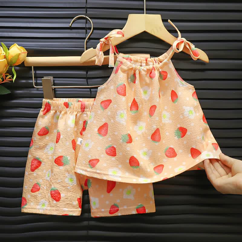 Toddler Girl Flower/Heart/Strawberry Print Sleeveless Set - Orange - 6-7T - image 4