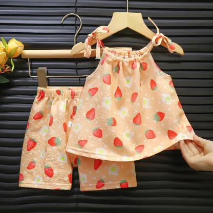 Toddler Girl Flower/Heart/Strawberry Print Sleeveless Set - Orange - 6-7T - image 4