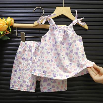 Toddler Girl Flower/Heart/Strawberry Print Sleeveless Set - Purple - 6-7T - image 2