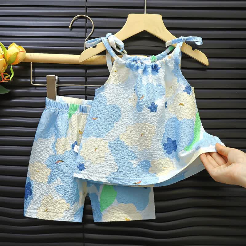 Toddler Girl Flower/Heart/Strawberry Print Sleeveless Set - Blue - 6-7T - image 5