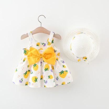 Baby Toddler Girl Strawberry Print Bow Dress with Hat - Yellow - 3-4T - image 3