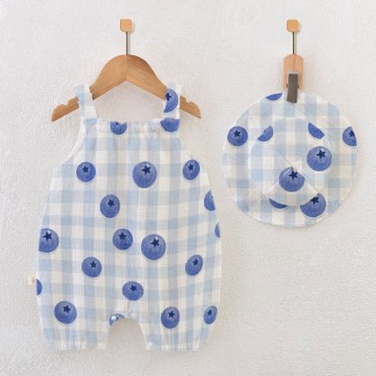 Baby Girl Blueberry Checkerboard Romper with Hat - Blue - 18-24M - image 1