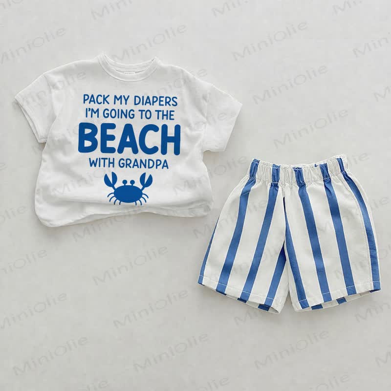 PACK MY DIAPERS I'M GOING TO THE BEACH WITH GRANDPA Baby Print Blue Vertical Striped 2-piece Shorts Set - White&Blue - 2-3T - image 1