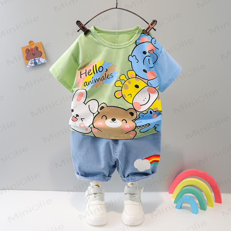 Baby Cartoon Print Tee and Shorts 2-piece Set - Green - 3-4T - image 1
